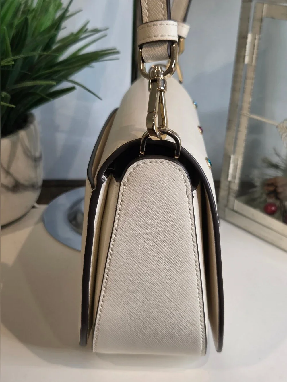 Kate Spade Madison Saffiano Leather Studded Saddle Bag Meringue